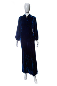 1930's Deep Blue Long Sleeve Silk Velvet Gown Size S