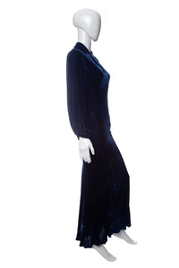 1930's Deep Blue Long Sleeve Silk Velvet Gown Size S
