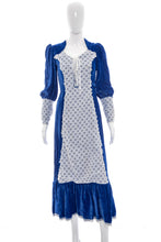 Load image into Gallery viewer, 1970's Blue Crushed Velvet and White Lace Prairie Dress Size M