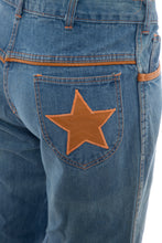 Load image into Gallery viewer, 1970's Jandy Leather Trimmed Flared Jeans Size 34