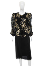 Load image into Gallery viewer, 1980's Patra Black Chiffon and Gold Lamé Floral Motif Dress Size M