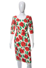 Load image into Gallery viewer, 1950's White and Red Rose Print Knee Length Wiggle Dress Size S