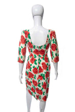 Load image into Gallery viewer, 1950's White and Red Rose Print Knee Length Wiggle Dress Size S