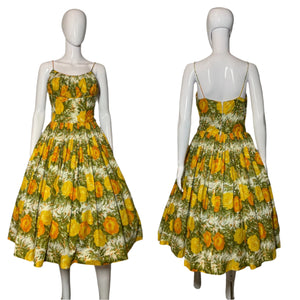 Yellow floral dress on a mannequin against a plain background