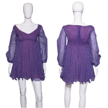 Load image into Gallery viewer, 1960&#39;s Purple Pleated Polka Dot Mini Dress Size XS

