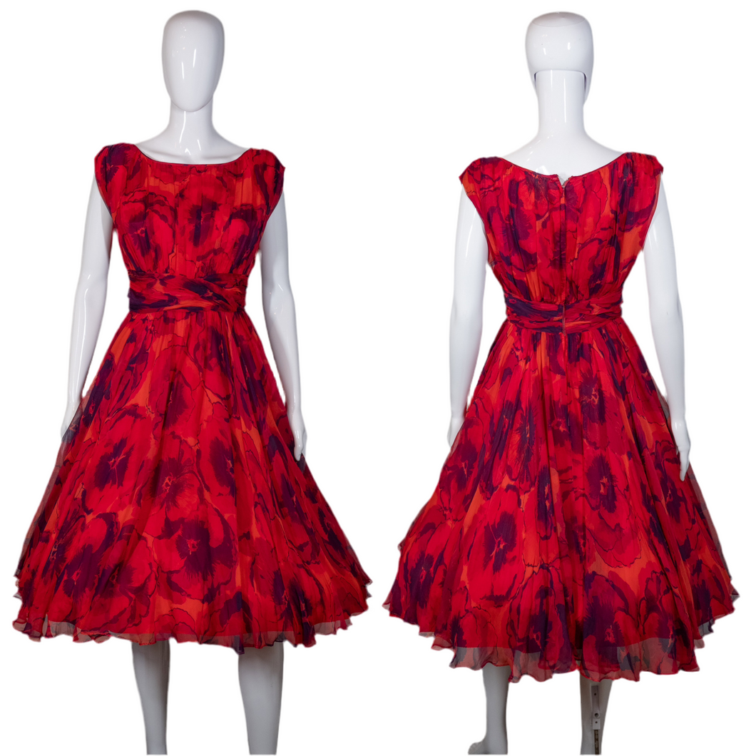 1960's Red Floral Chiffon Party Dress Size S