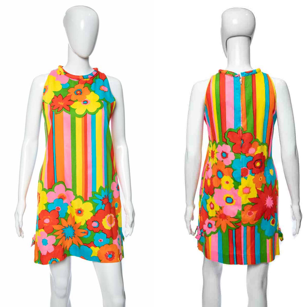 1960's Basila Neon Floral Print Sleeveless Tiki Dress Size M
