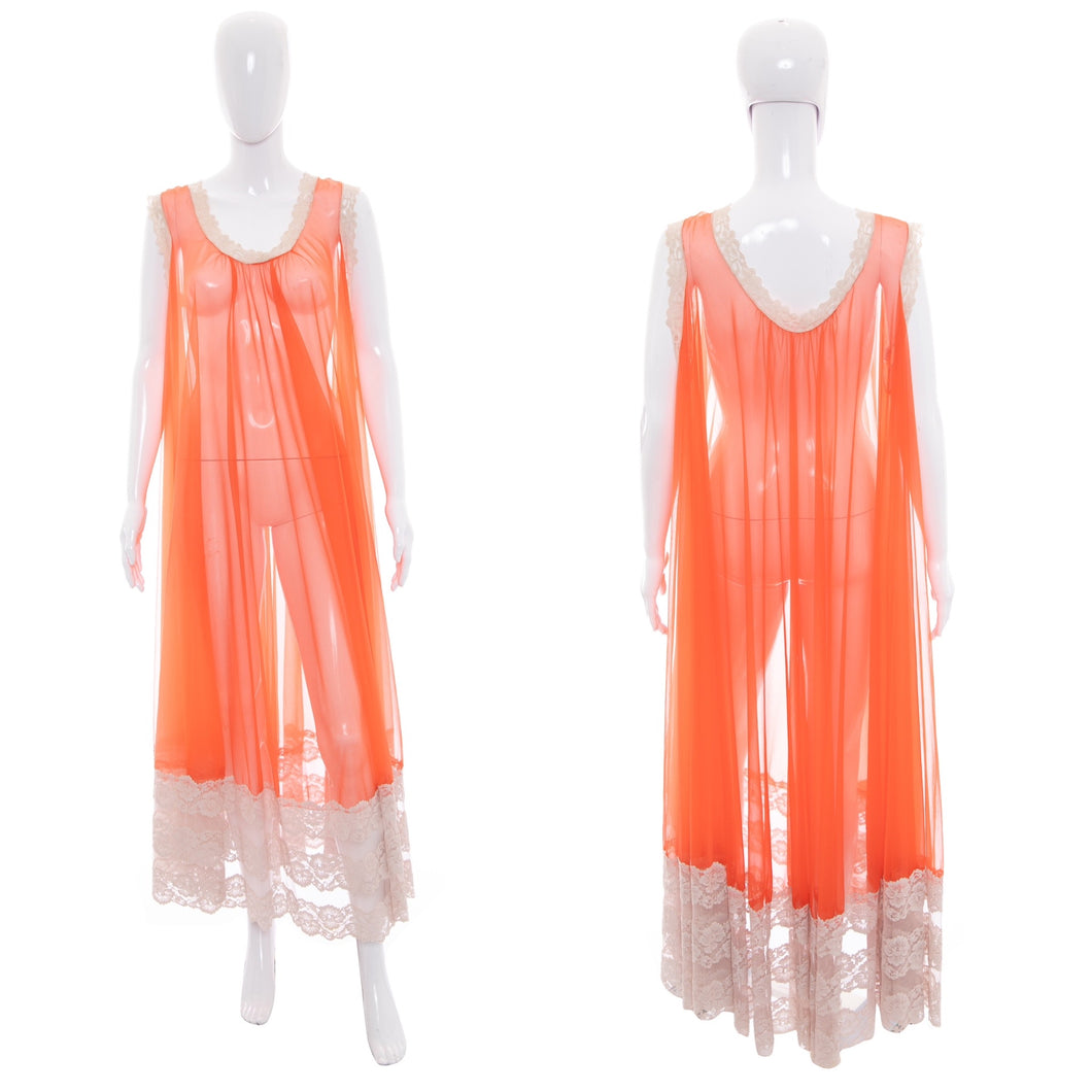 1960's Orange and White Lace Night Gown Size XL/XXL