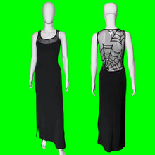 Load image into Gallery viewer, A black sleeveless maxi dress with a sheer back covered in a spiderweb print shown on a white mannequin from the front and back. 
