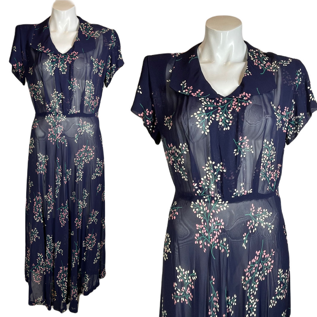 1940's Navy Blue Sheer Floral Day Dress Size S/M