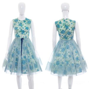 1950's Blue Floral Chiffon Party Dress Size S