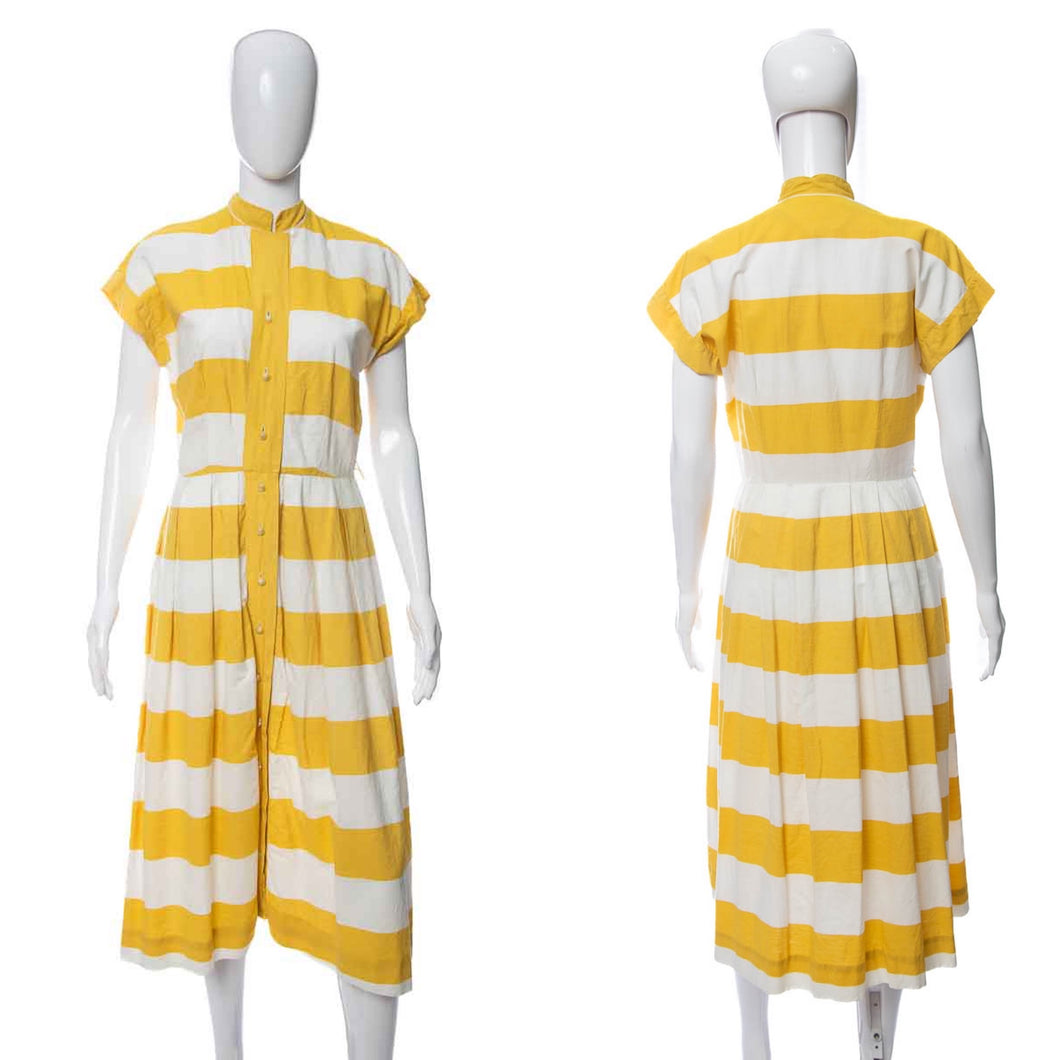 1950's Betty Barclay Frocks White and Yellow Striped Midi Dress Size M