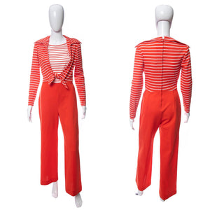 1970's Orange and White Long Sleeve Tie Detail Jumpsuit Size S