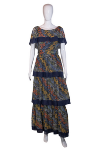 1970's Floral Ruffled Maxi Dress Size S
