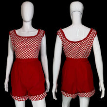 Load image into Gallery viewer, Red and white 1950's checkered sleeveless two piece set with shorts and a cropped tank top displayed on a white mannequin, showing both front and back views.
