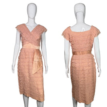Load image into Gallery viewer, Peach lace dress on a mannequin against a plain background
