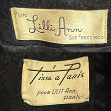 Load image into Gallery viewer, Two labels on a dark fabric background, one reading 'Lilli Ann' and the other 'Tisse a Paris pour Lilli Ann Paris'.
