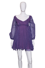 Load image into Gallery viewer, 1960&#39;s Purple Pleated Polka Dot Mini Dress Size XS
