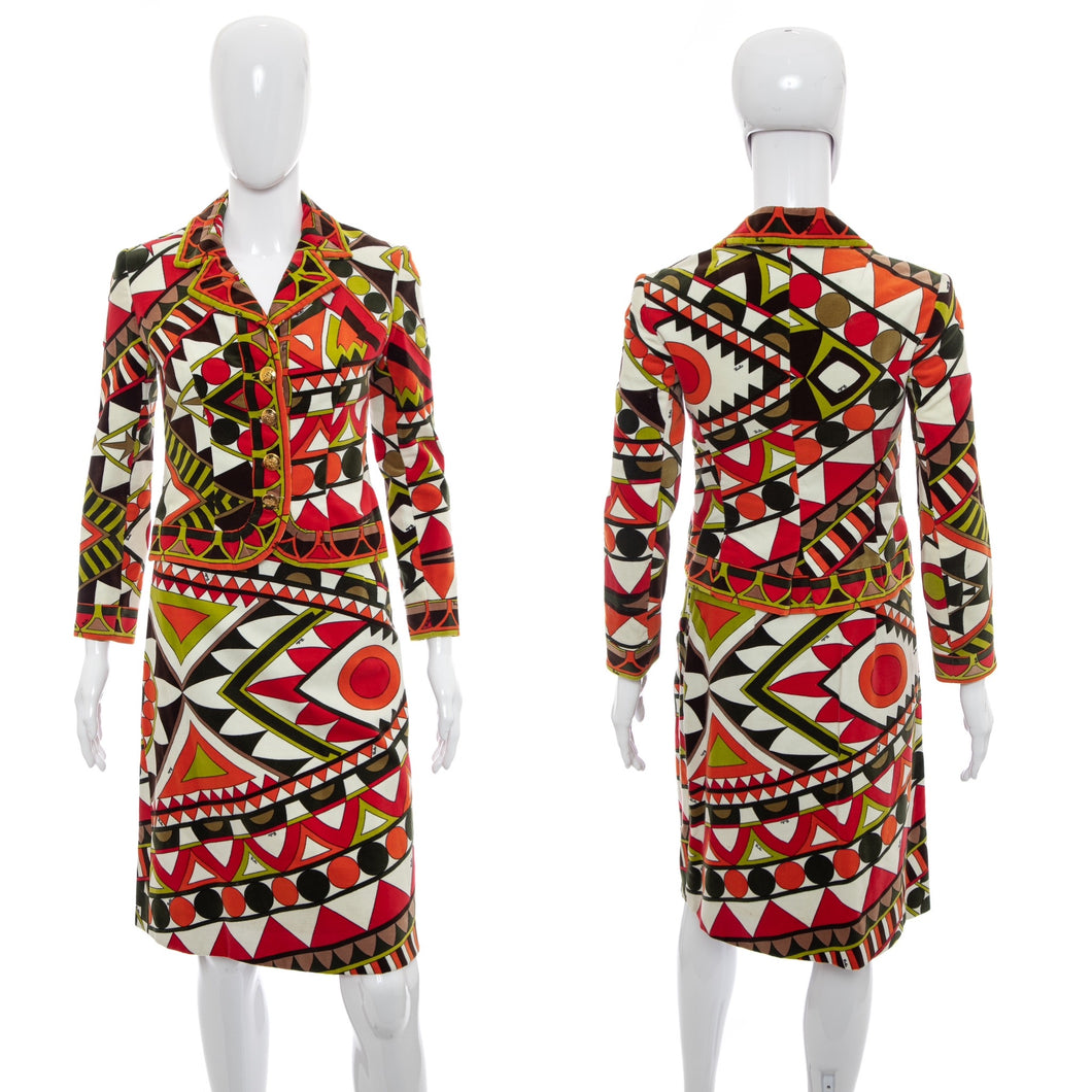 1960's Emilio Pucci Velvet Abstract Print Skirt Suit Size S