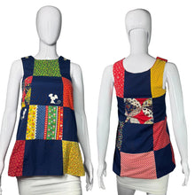 Load image into Gallery viewer, Front and back views of a colorful patchwork tunic on a white background
