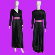 Load image into Gallery viewer, 1970s Miss Rubette Black Ribbed Maxi Dress with Metallic Pink Belt – Size S
