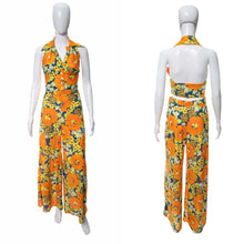 Load image into Gallery viewer, 1970&#39;s Floral Printed Halter and Flared Pant Two Piece Set Size S/M

