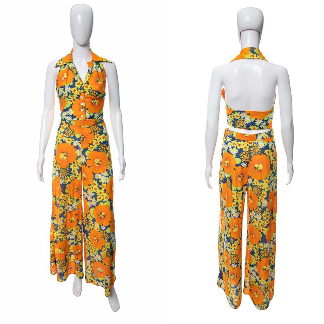 1970's Floral Printed Halter and Flared Pant Two Piece Set Size S/M