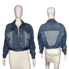 Load image into Gallery viewer, Blue denim jacket displayed on a mannequin against a neutral background

