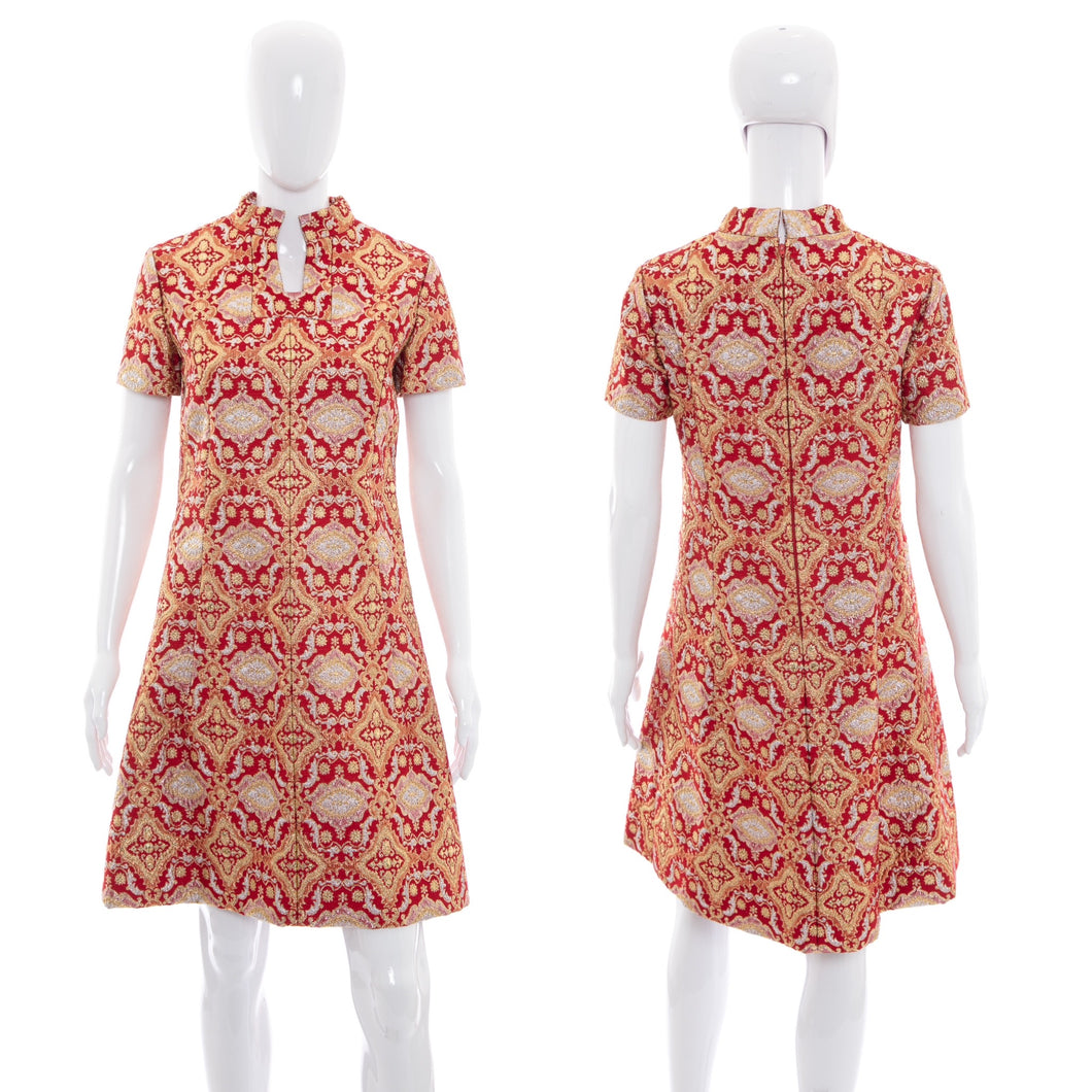 1960's Red and Gold Metallic Brocade Cocktail Dress Size M