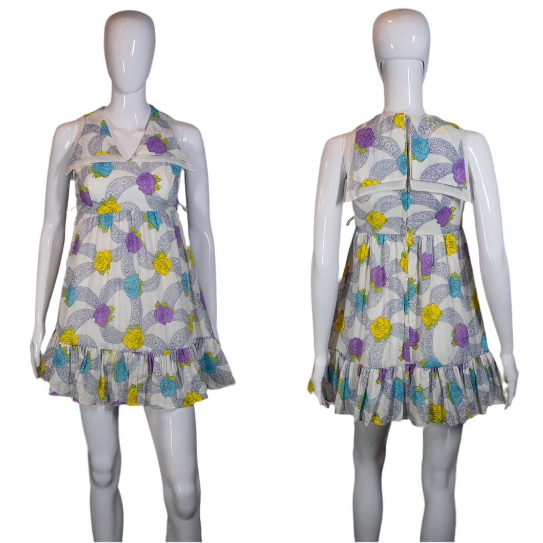 1970's Rose Print Cotton Mini Dress Size S