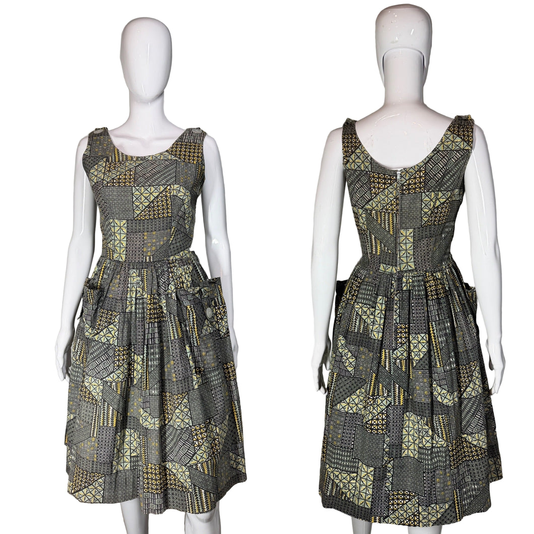 1950's Patchwork Print Cotton Day Dress - Size M