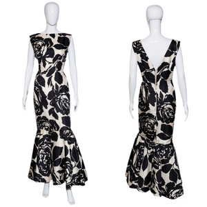 1960's Black and White Rose Print Mermaid Gown Size M
