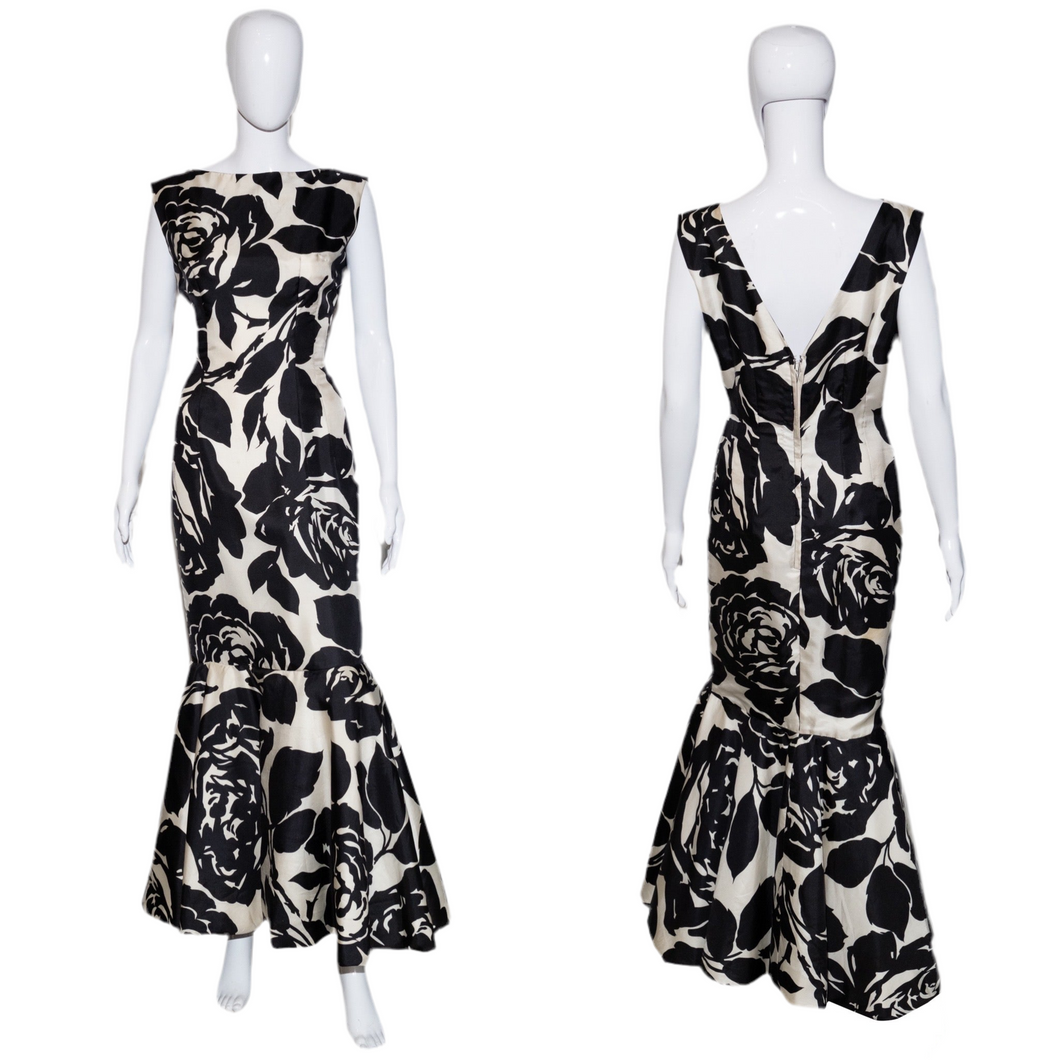 1960's Black and White Rose Print Mermaid Gown Size M