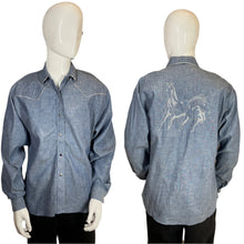 Load image into Gallery viewer, 1980&#39;s Chambray  &amp; Silver Western Horse Shirt Size L
