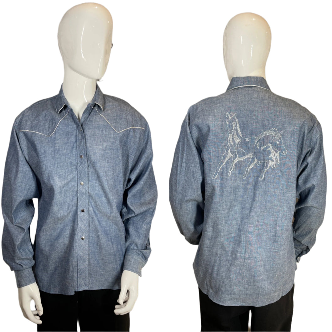 1980's Chambray  & Silver Western Horse Shirt Size L