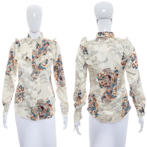 1970's Miss Rodeo America White and Floral Satin Blouse Size S/M