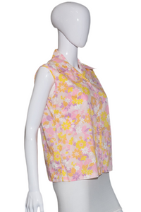 1960's Floral Sleeveless Cotton Blouse - Size M