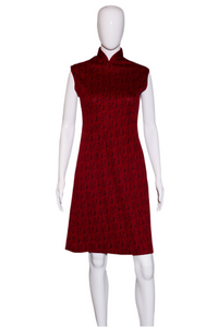 1960's Red and Black Knit Cheongsam Asian Cut Dress Size M