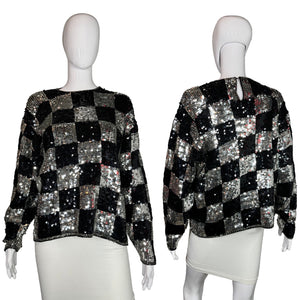 1980's Silver and Black Checkered Sequin Sweater - Size M/L