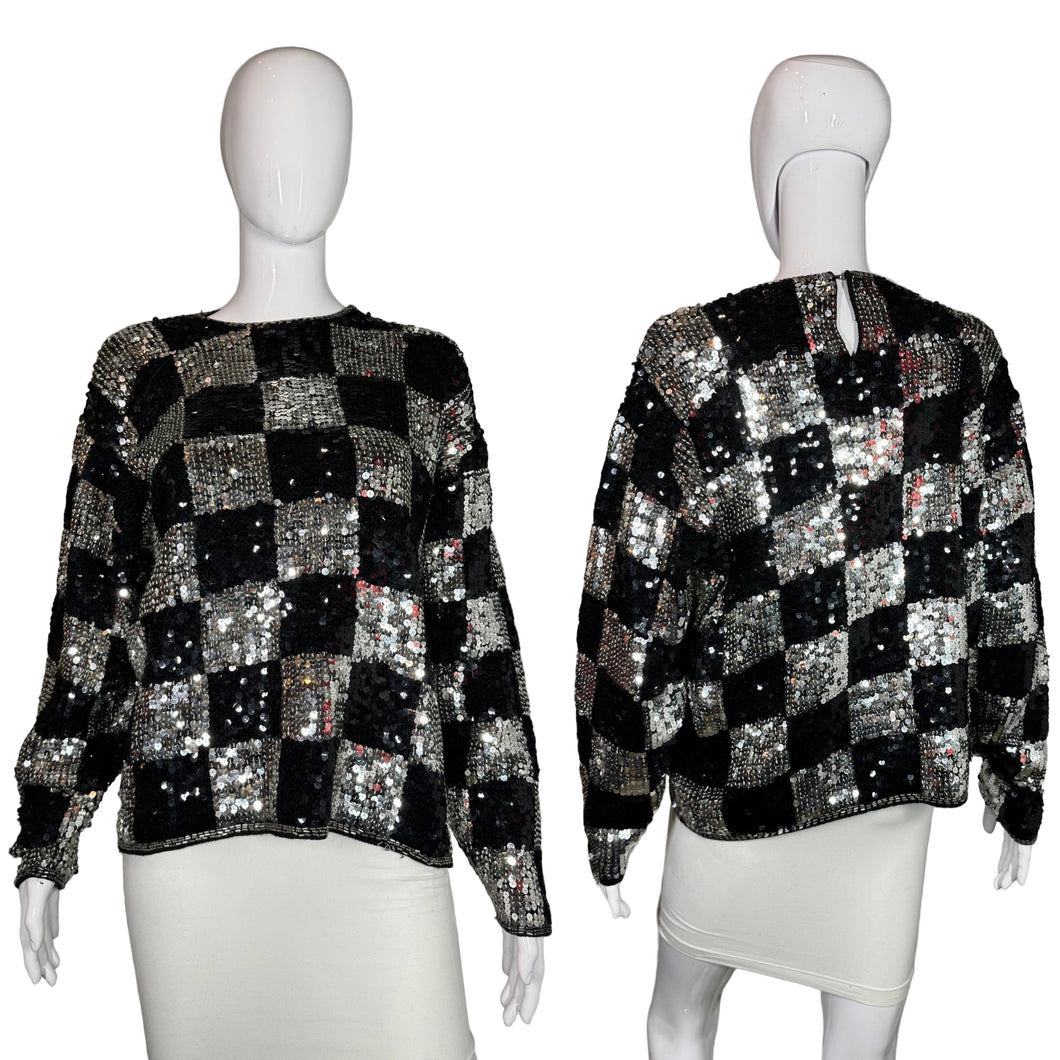 1980's Silver and Black Checkered Sequin Sweater - Size M/L