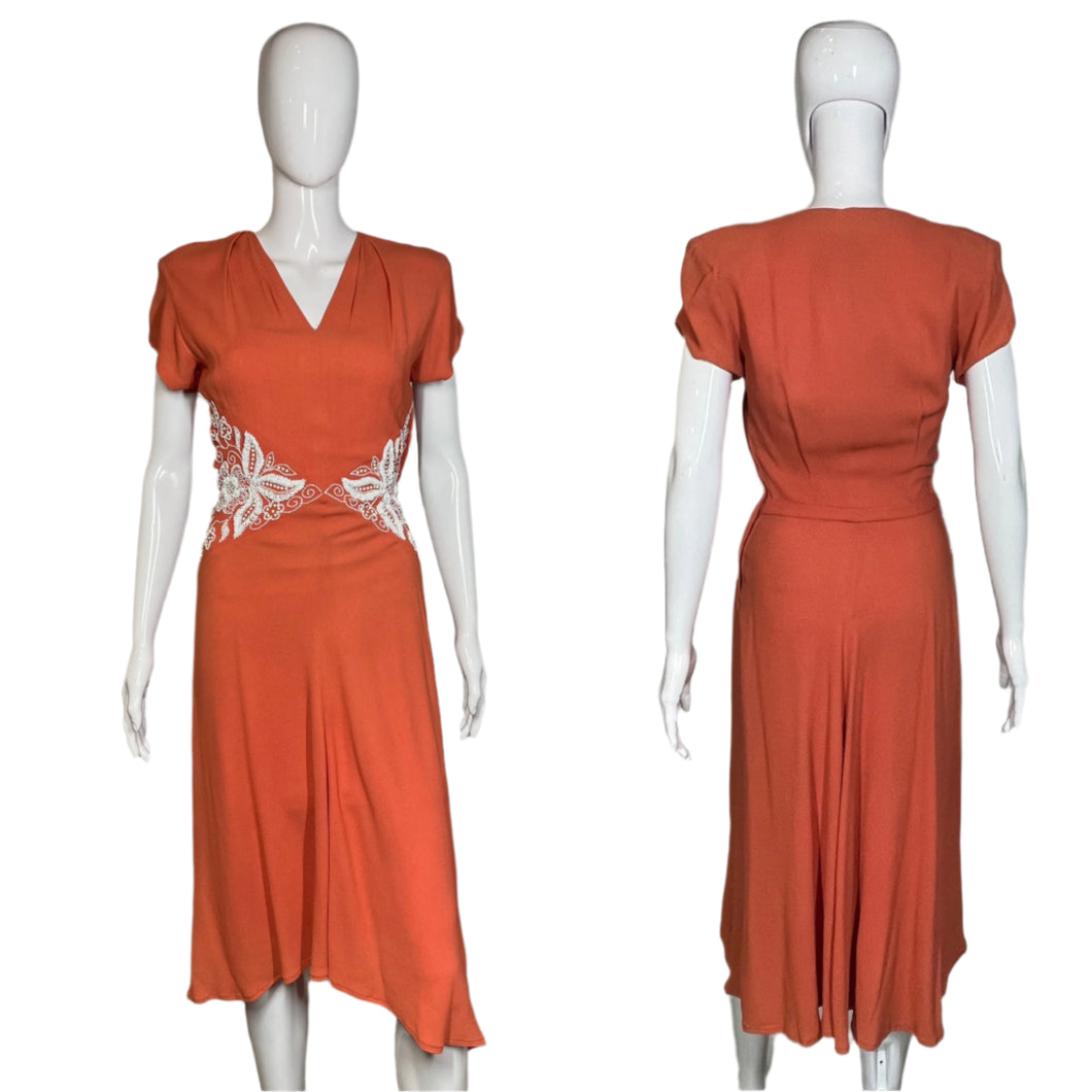 1940's Beaded Coral Rayon Dress Size S