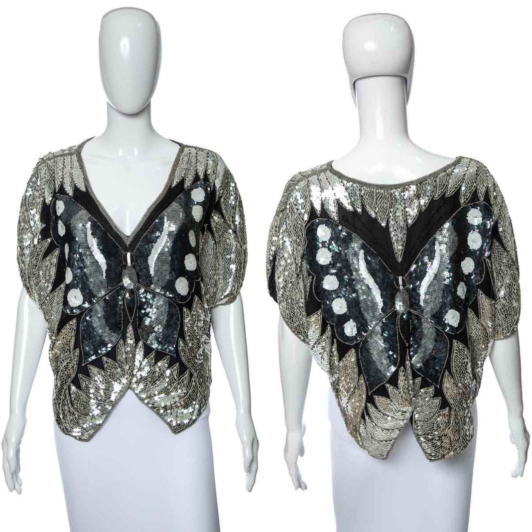 1980's Metamorphosis Silver and Black Sequin Butterfly Blouse Size M
