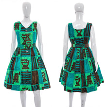 Load image into Gallery viewer, 1950&#39;s Green and Brown Fit and Flare Tiki Party Dress Size M
