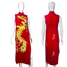 Load image into Gallery viewer, Red velvet dress with yellow Phoenix design on a mannequin against a neutral background
