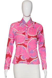 1970's Pink and Red Psychedelic Floral Blouse Size S/M