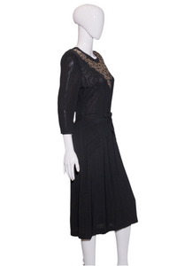 1940's Black Rayon Sequined Evening Dress Size M