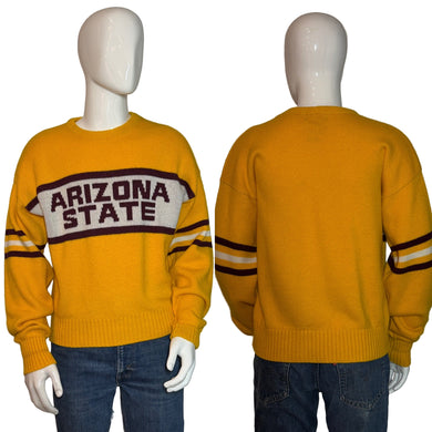 Yellow sweater with 'Arizona State' text on a mannequin against a plain background