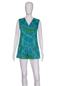 1960's Blue and Green Floral Cotton Romper - Size M