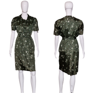 1960's Green Floral Two Piece Dress and Bolero Set Size S