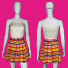 Load image into Gallery viewer, Front and back views of a vintage 1970s striped pleated skirt with a cream strapless tube top, displayed on white mannequins against a black background.

